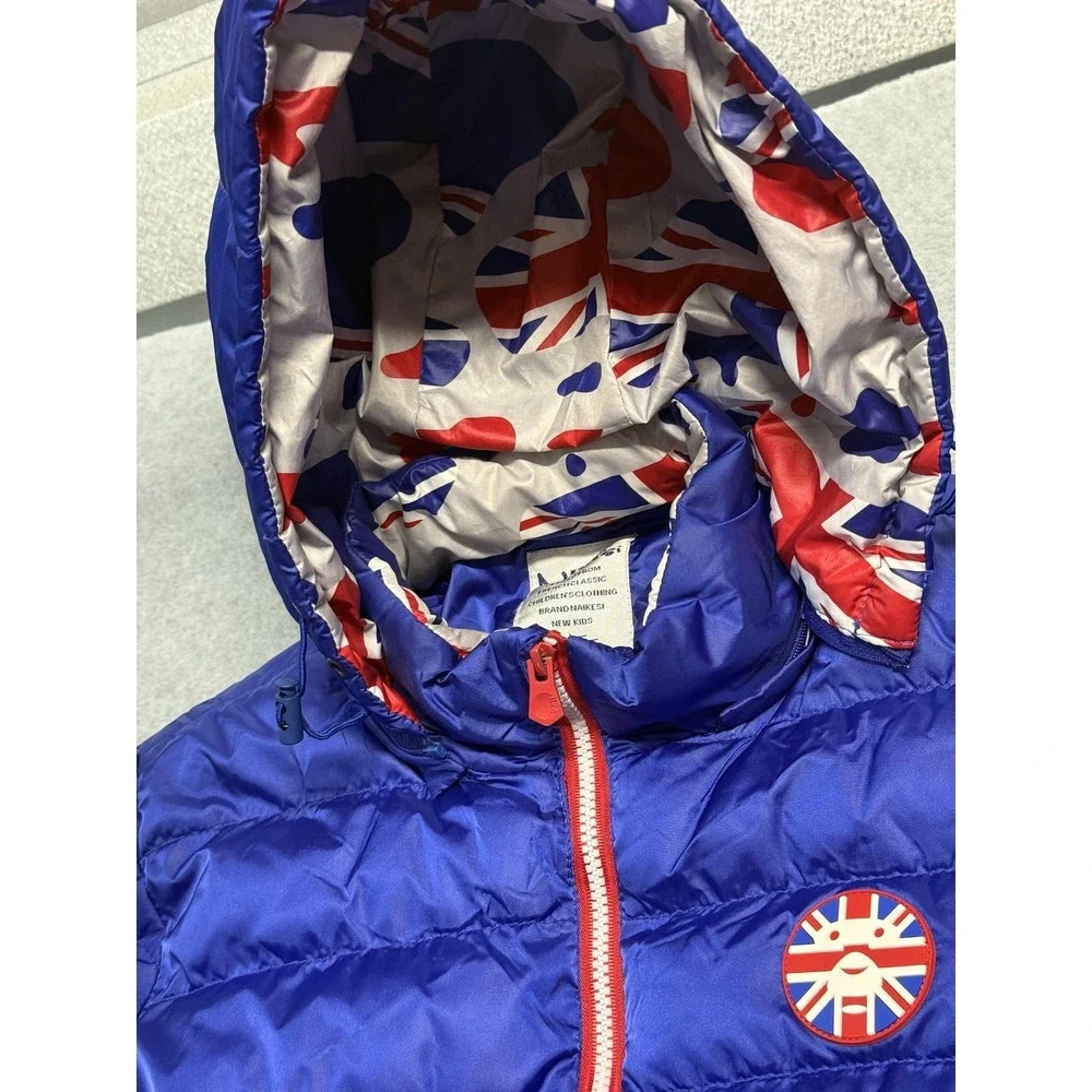 Naissi Jacket Boys 12-13 Blue Hooded Puffer Union Jack Flag Lining Zip Pockets
